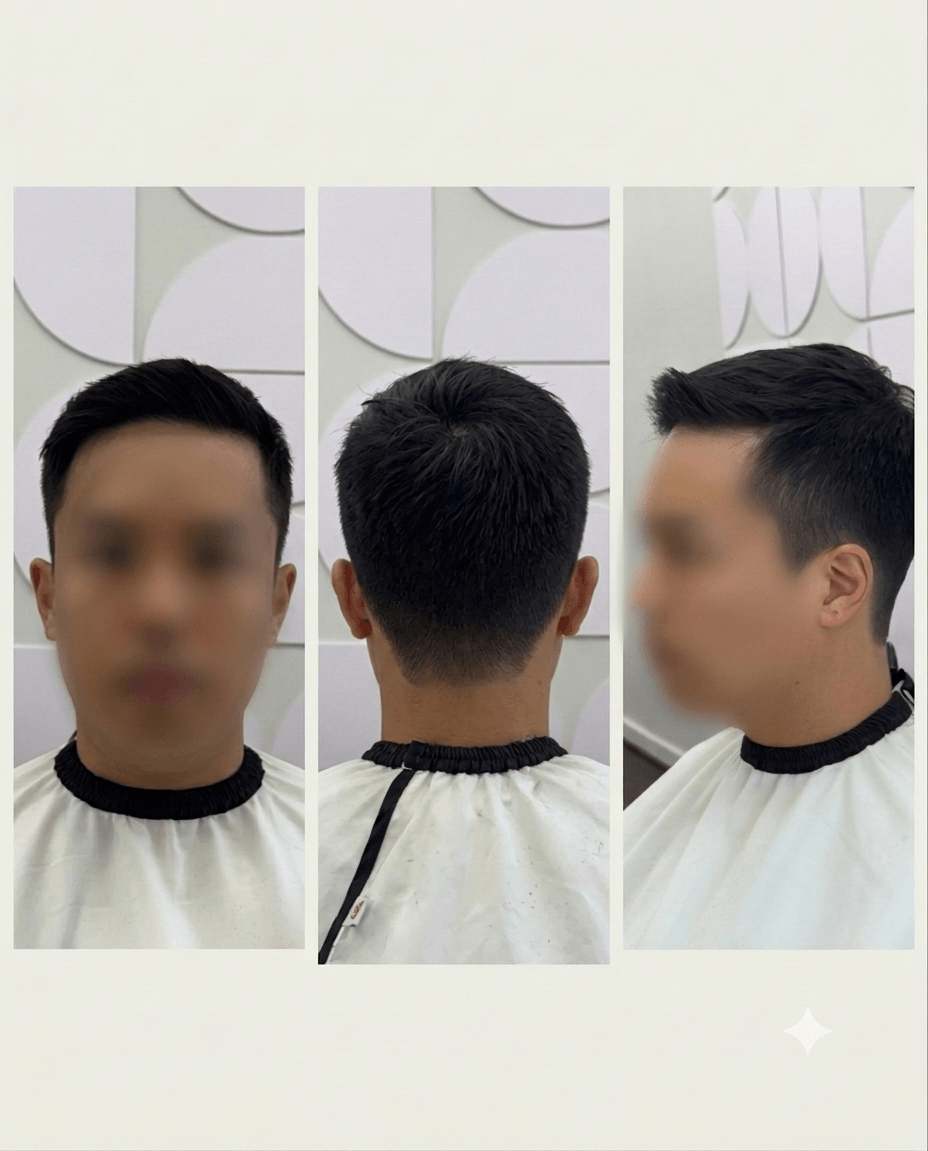 Three-panel haircut photo showing front, back, and side views of a short fade haircut