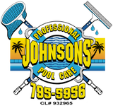 Logo for "Professional Johnsons Pool Care" featuring a life preserver, pool cleaning tools, palm trees, and phone number.