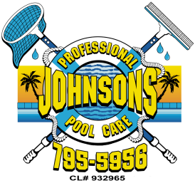 Logo for "Professional Johnsons Pool Care" featuring a life preserver, pool cleaning tools, palm trees, and phone number.