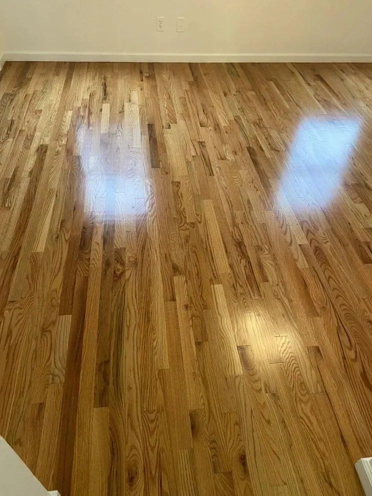 Shiny hardwood floor with bright window reflections and a white wall corner.
