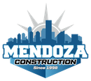 Mendoza Construction logo with blue city skyline and sunburst, &ldquo;Since 1998&rdquo; in bold text