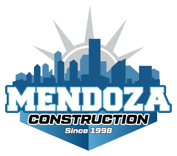 Mendoza Construction logo with blue city skyline and sunburst, &ldquo;Since 1998&rdquo; in bold text
