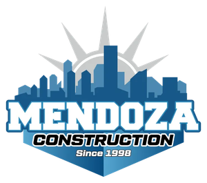 Mendoza Construction logo with blue city skyline and sunburst, “Since 1998” in bold text