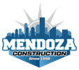 Mendoza Construction logo with blue city skyline and sunburst, “Since 1998” in bold text