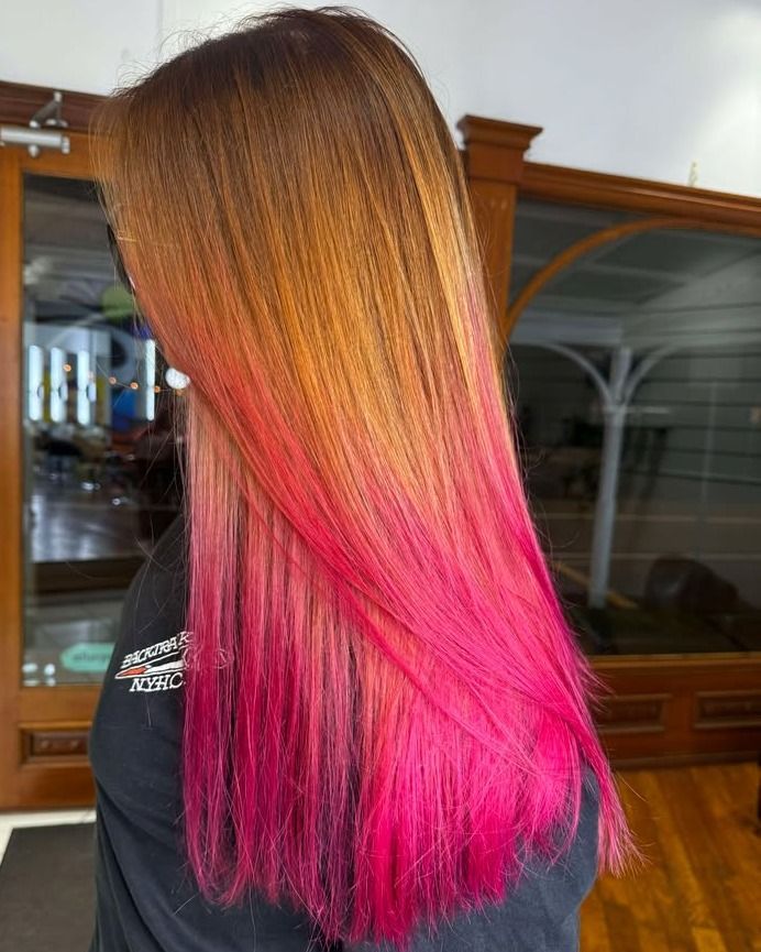 Woman With Long, Straight Hair Featuring a Gradient of Orange to Bright Pink — Strut Hair & Beauty In Maroochydore, QLD