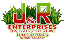 J&R Enterprises logo with green grass, red and green text, and lawn care services listed