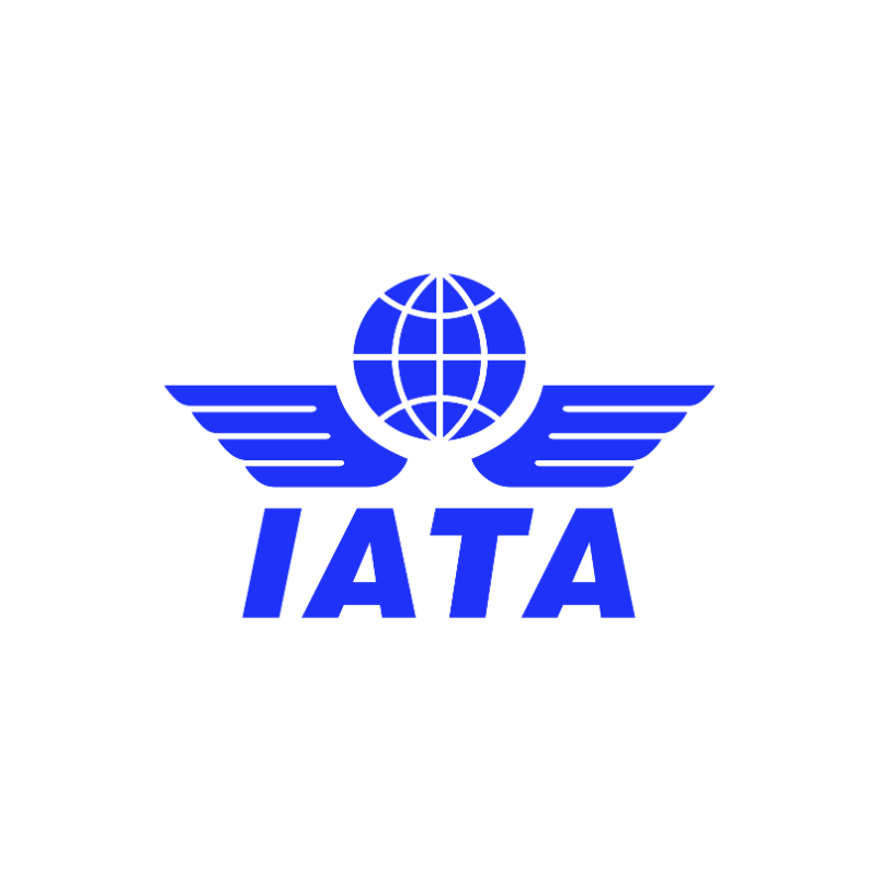 Um logotipo azul para a IATA com um globo e asas