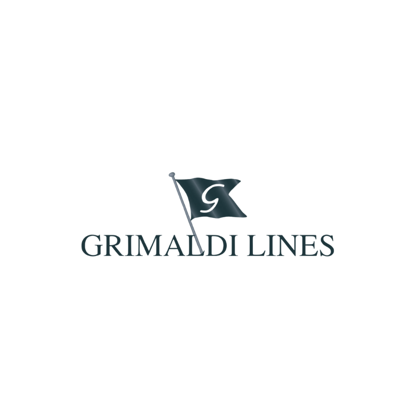 Um logotipo para a grimaldi lines com uma bandeira em um mastro.