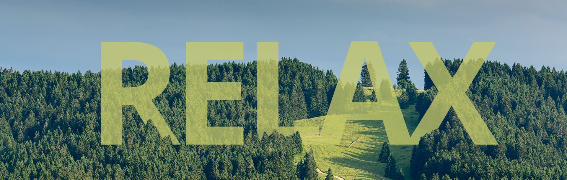 La parola relax è scritta davanti ad un bosco.