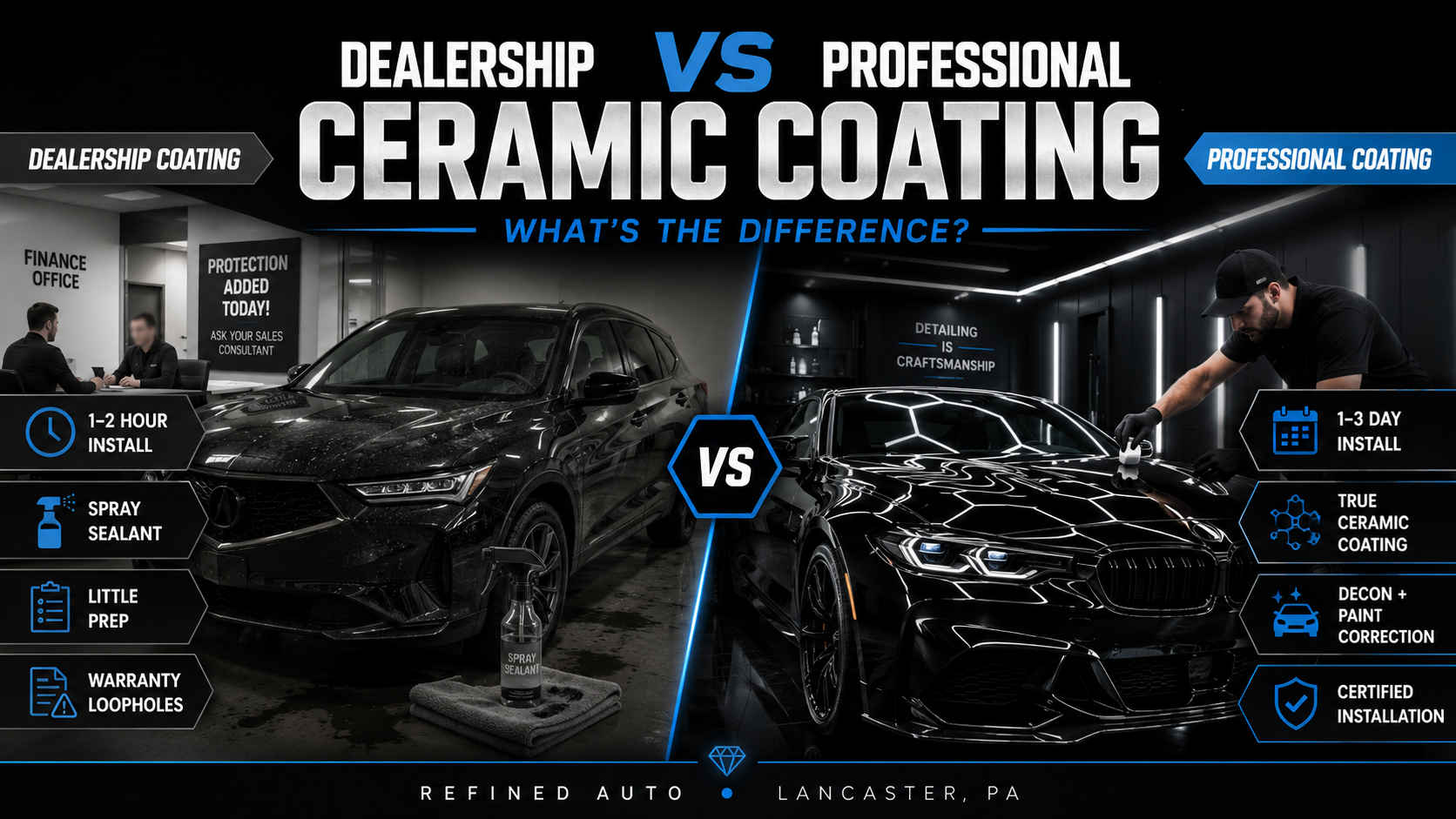 Infographic comparing dealership vs professional ceramic coating on two black cars in a dark garage