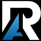 Stylized white and blue “AR” logo on a black background