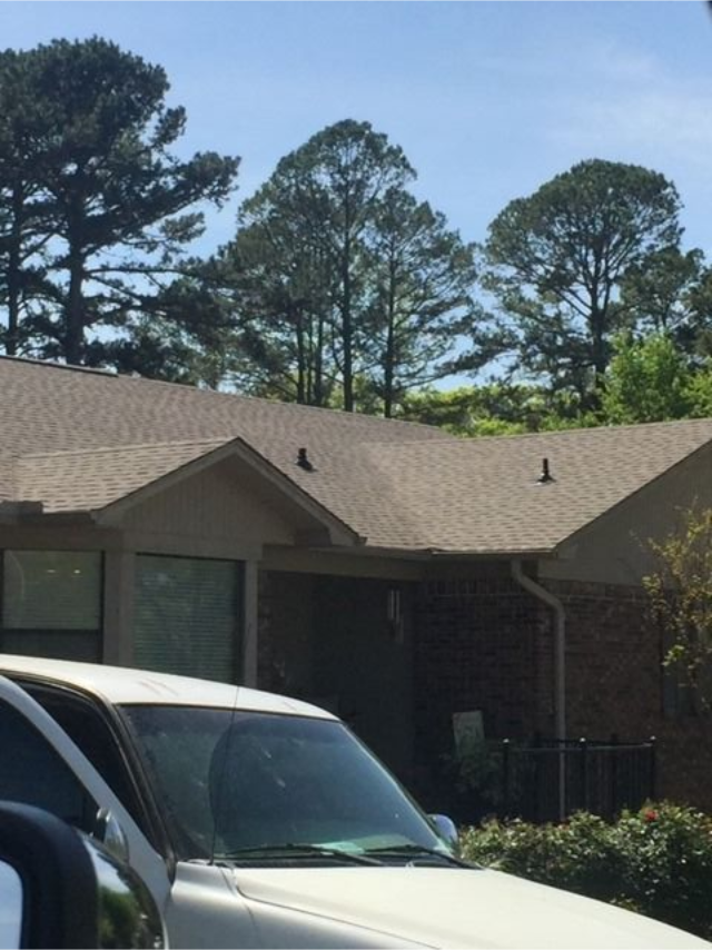 Residential roof and front porch with parked car, trees in the background under a blue sky