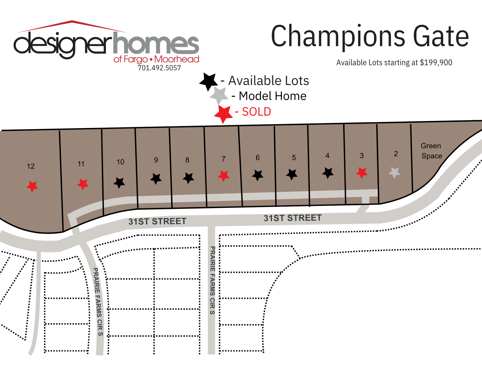 Champions Gate lot map with available, model home, and sold markers along street frontage
