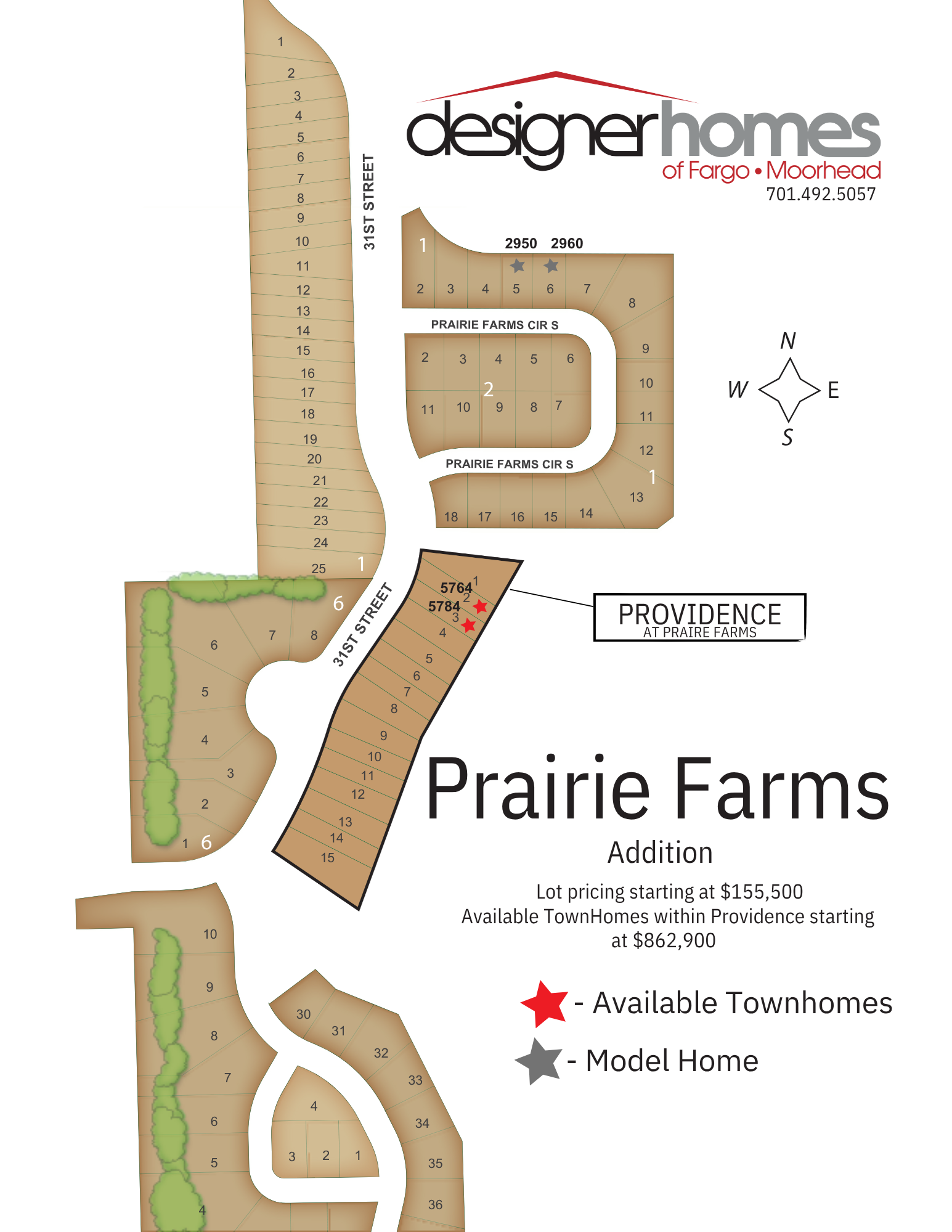 Prairie Farms neighborhood map with tan streets, green areas, and labels for townhomes and model home
