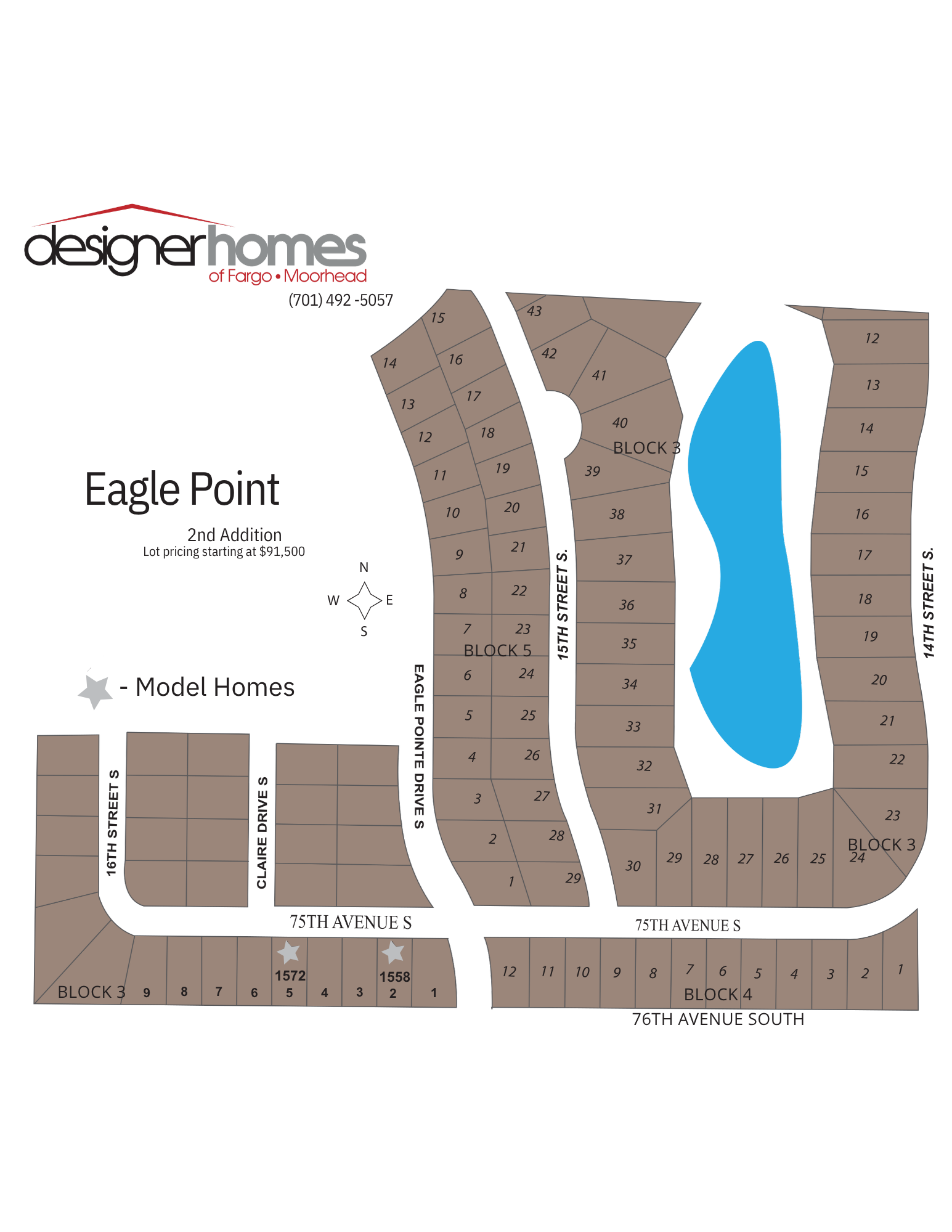 Eagle Point neighborhood map with streets, lots, and a blue pond, labeled with designer homes branding