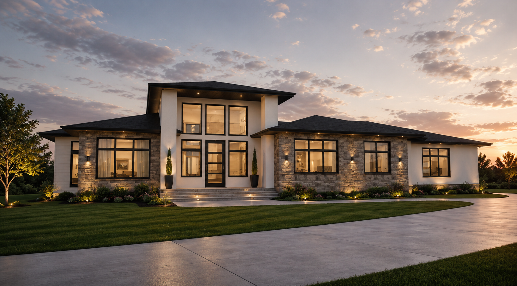 Modern luxury house with large windows at sunset, front lawn and driveway visible.