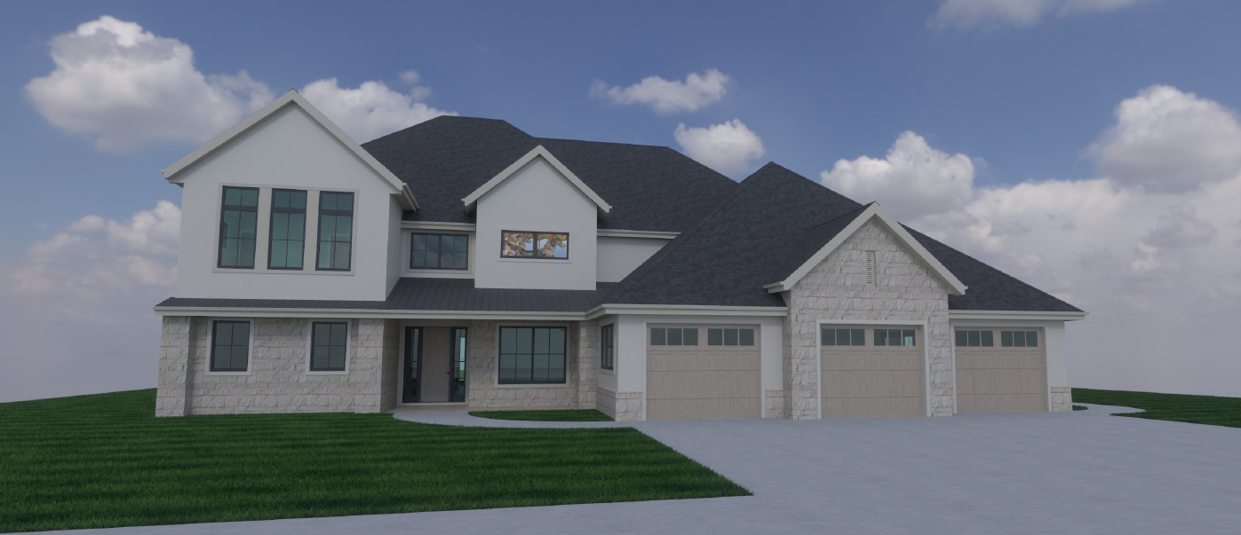 Modern two-story white house with gray roof, garage, and green lawn under a cloudy sky