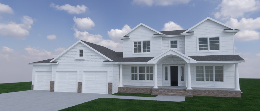 White two-story suburban house with a three-car garage, front porch, and green lawn