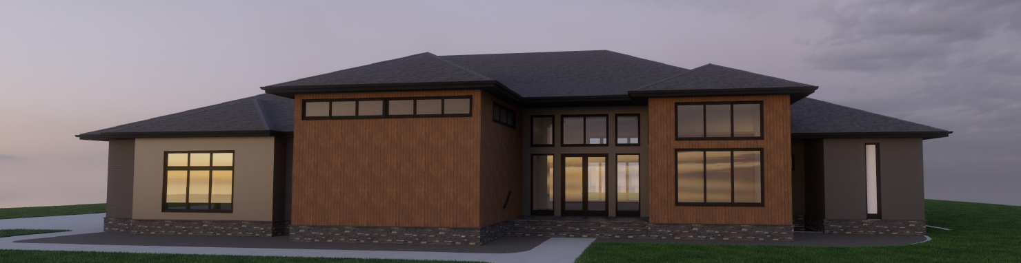 Modern single-story house exterior at dusk, with warm-lit windows and a central entrance.