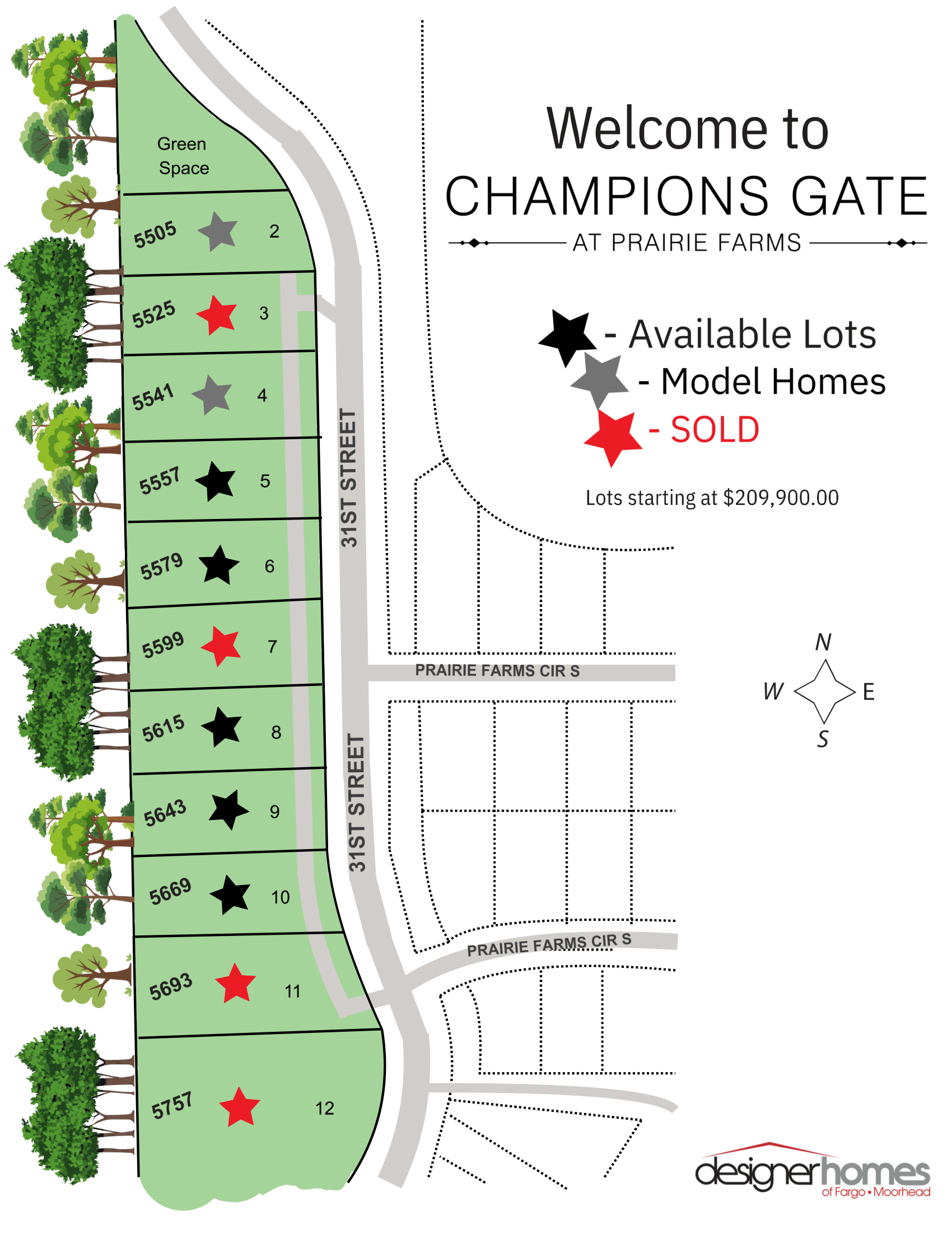 Site plan for Champions Gate showing available lots, model home, and sold lots in green and red.