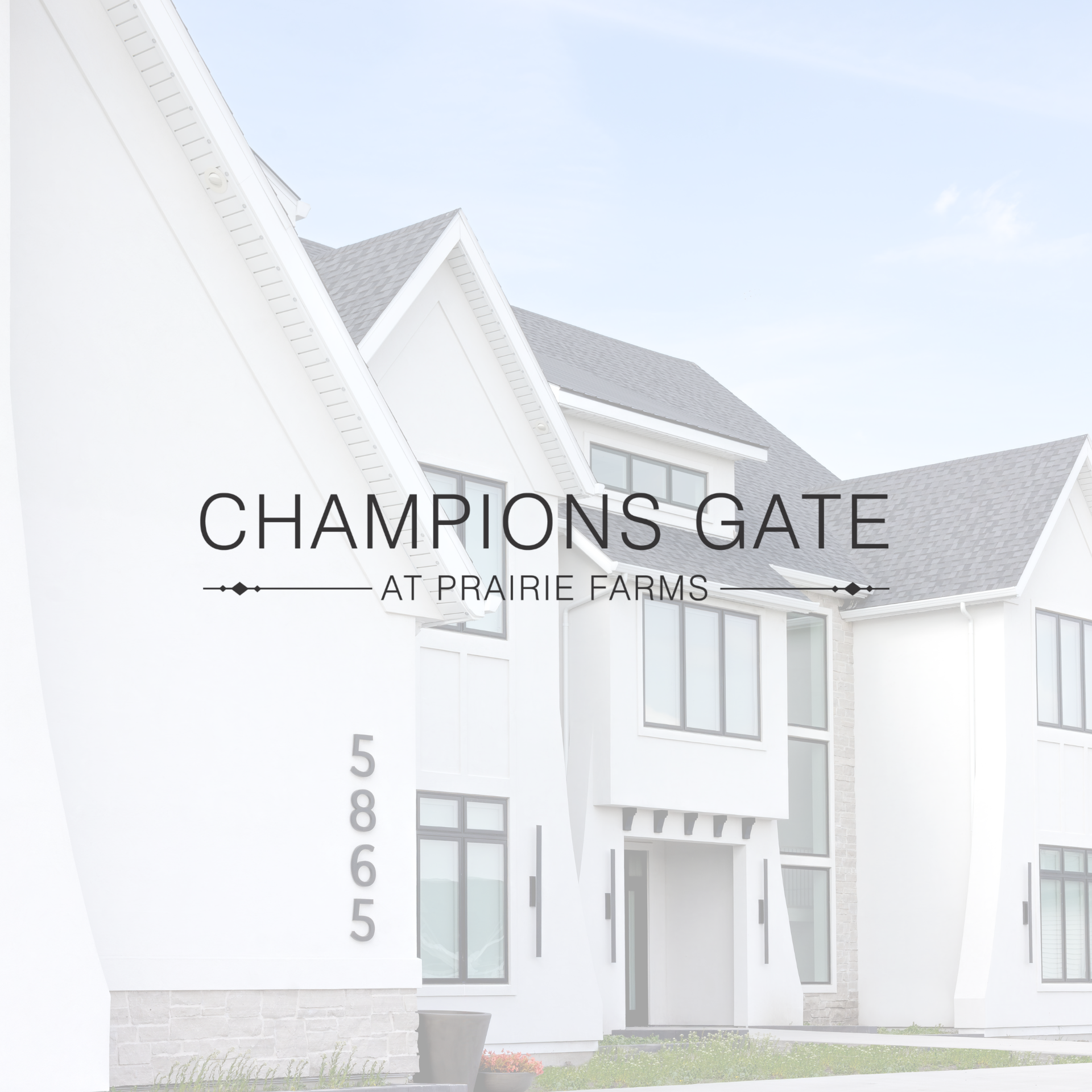 Front exterior of Champions Gate at Prairie Farms home with garage and blue sky