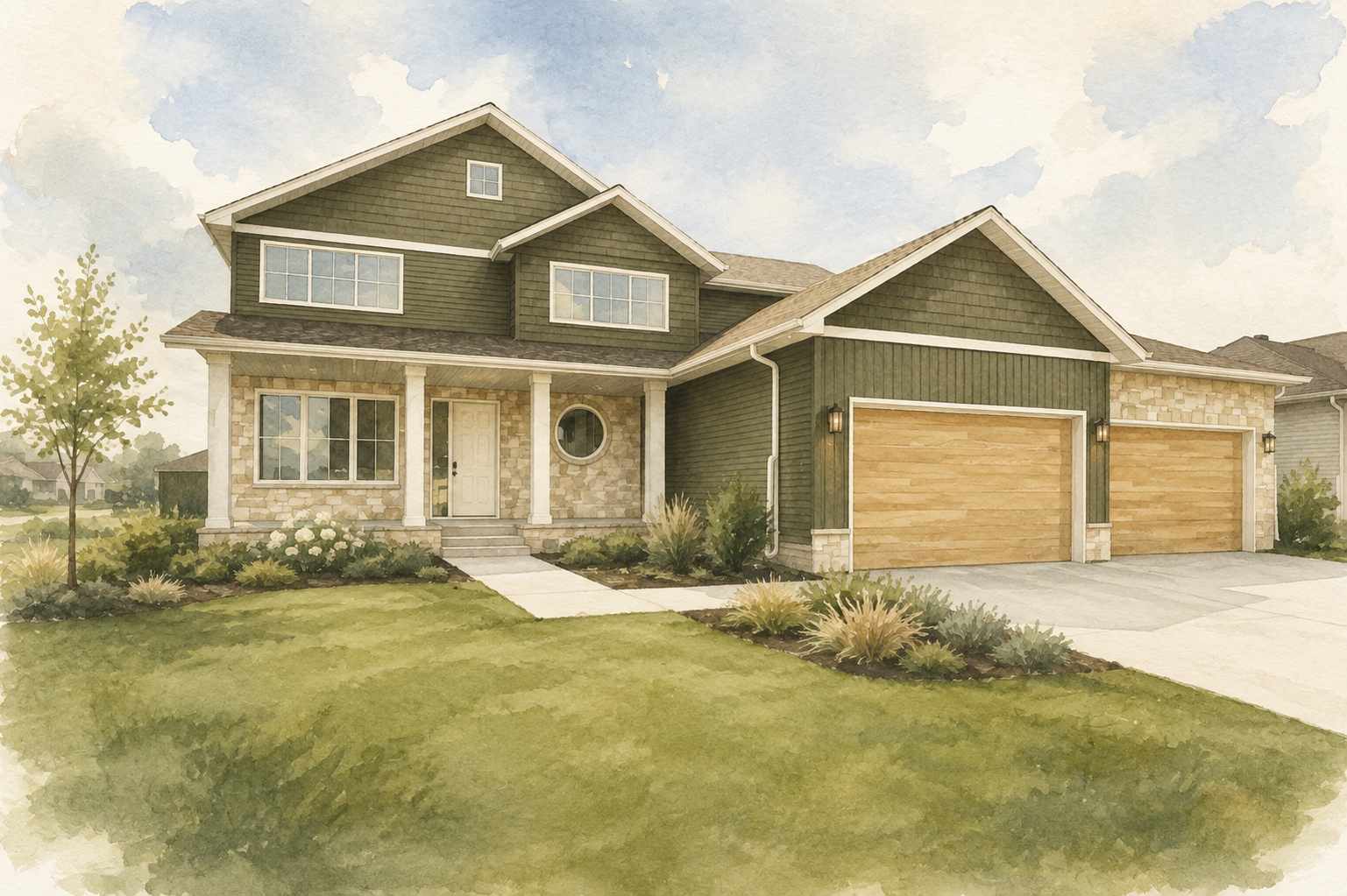 Watercolor-style rendering of a two-story suburban house with a tan garage and front lawn