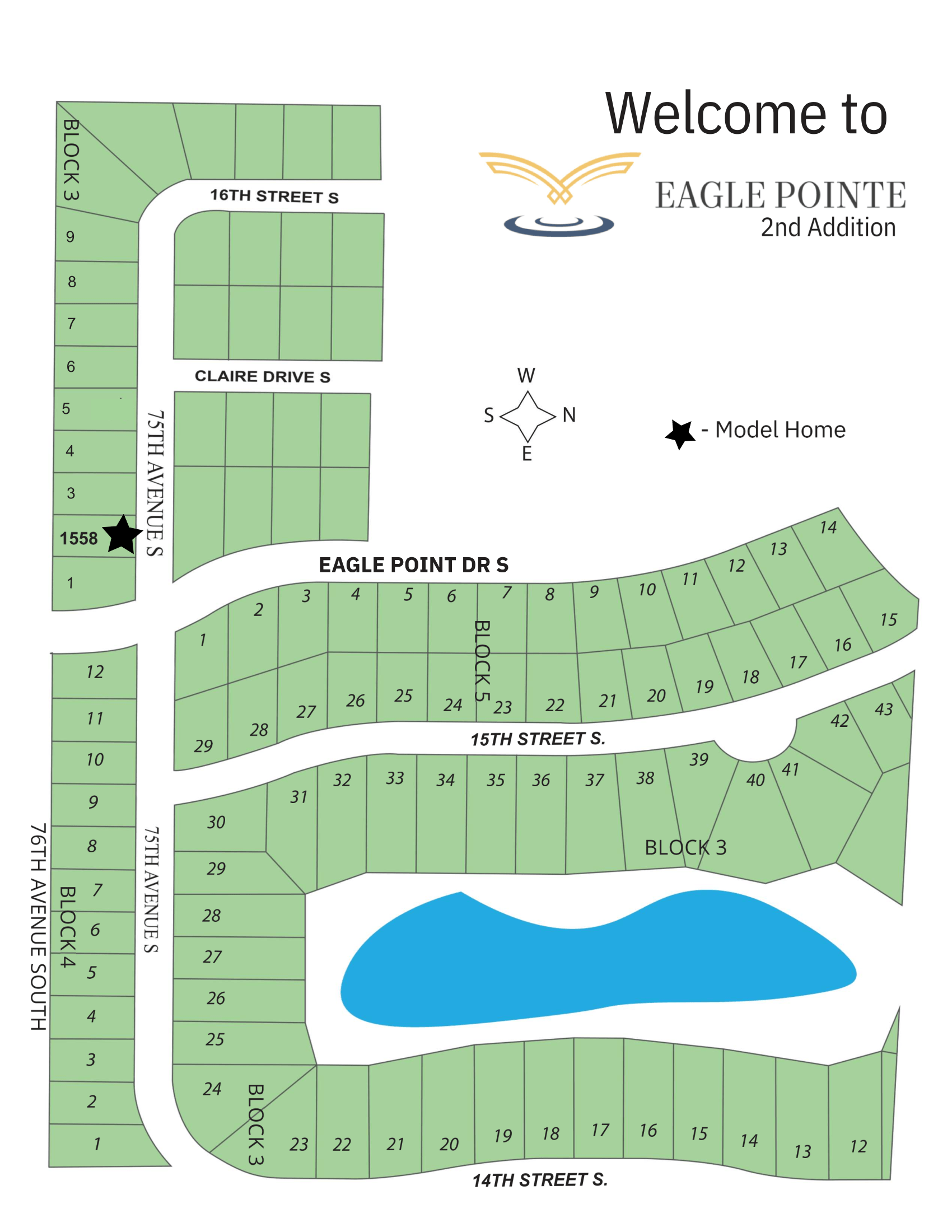 Site map for Eagle Pointe residential community with labeled lots, roads, and blue pond on green background