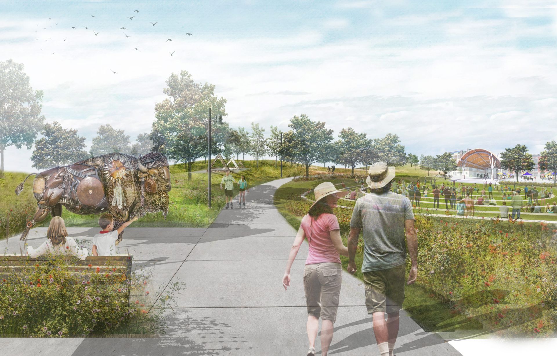 Fargo Moorhead Greenway A digital rendering shows people walking along a paved park path past a large metal sculpture of a bison on a sunny day.