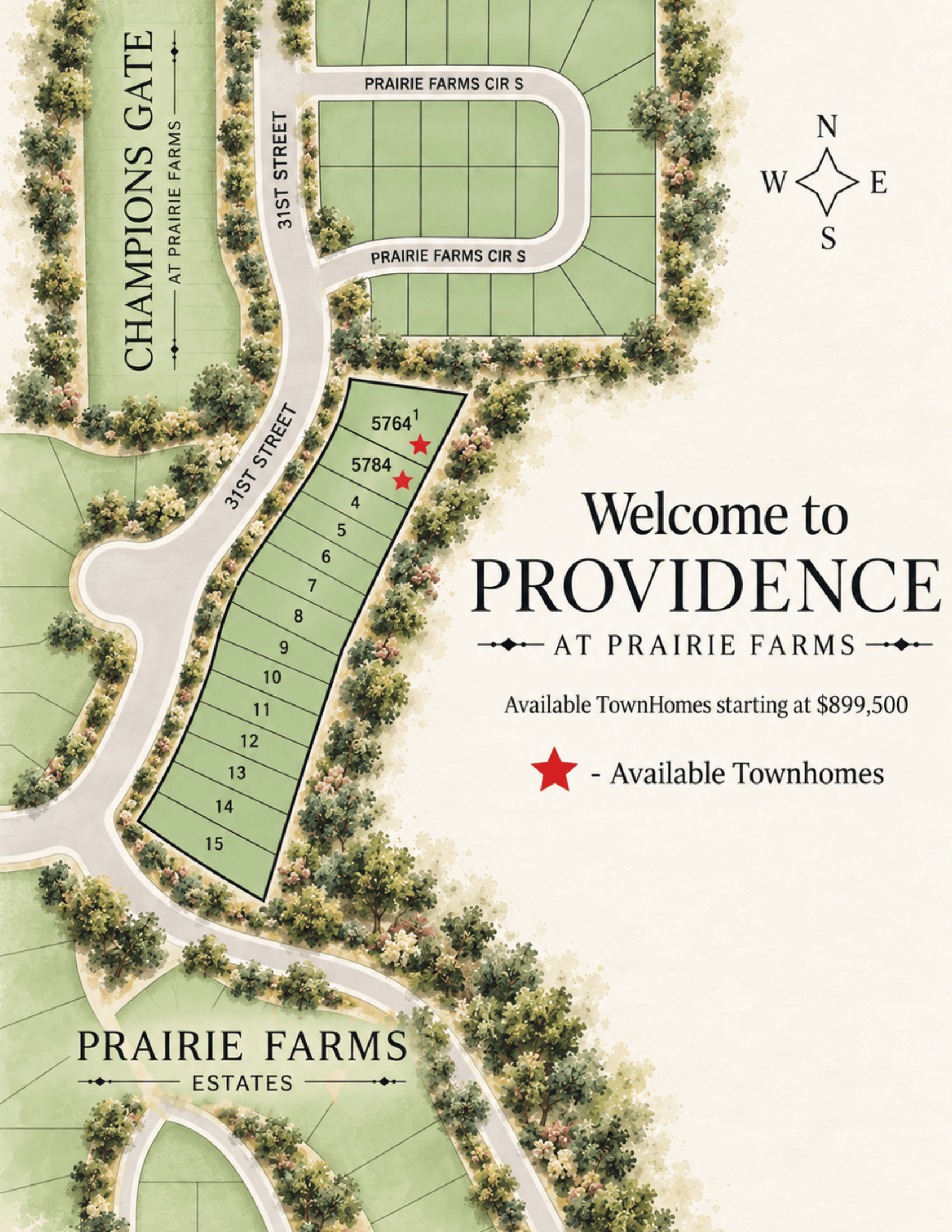 Map of Providence at Prairie Farms with labeled streets and home sites