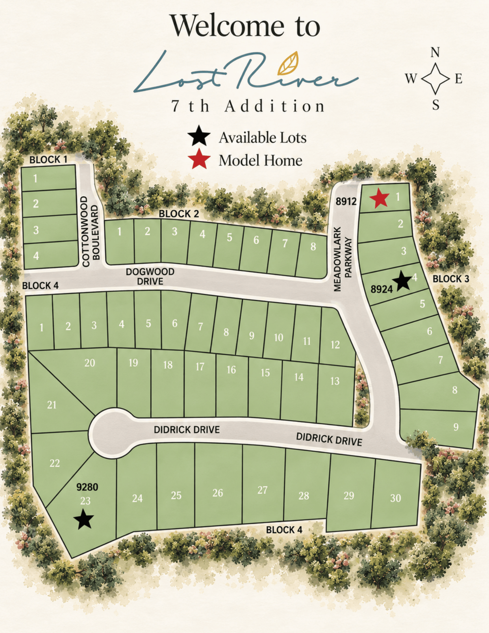 Welcome to Lost River 7th Addition subdivision map with labeled lots, streets, and green spaces.
