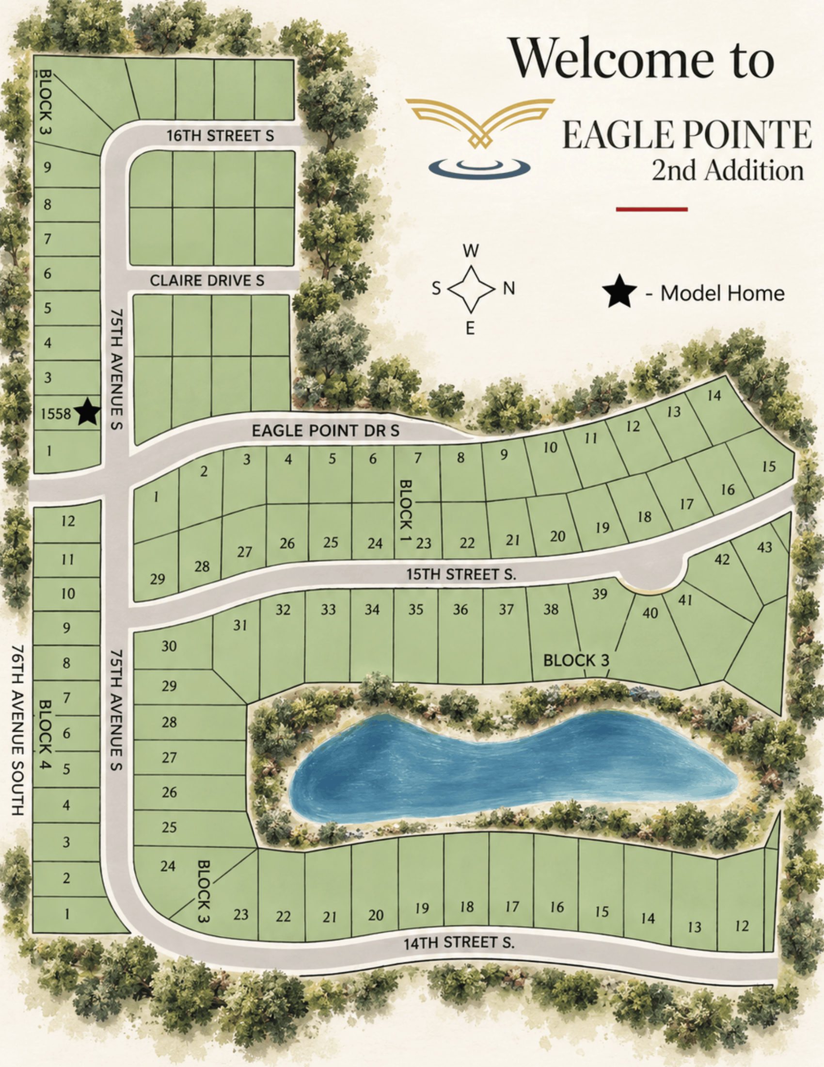 Site map for Eagle Pointe residential community with labeled lots, roads, and blue pond on green background