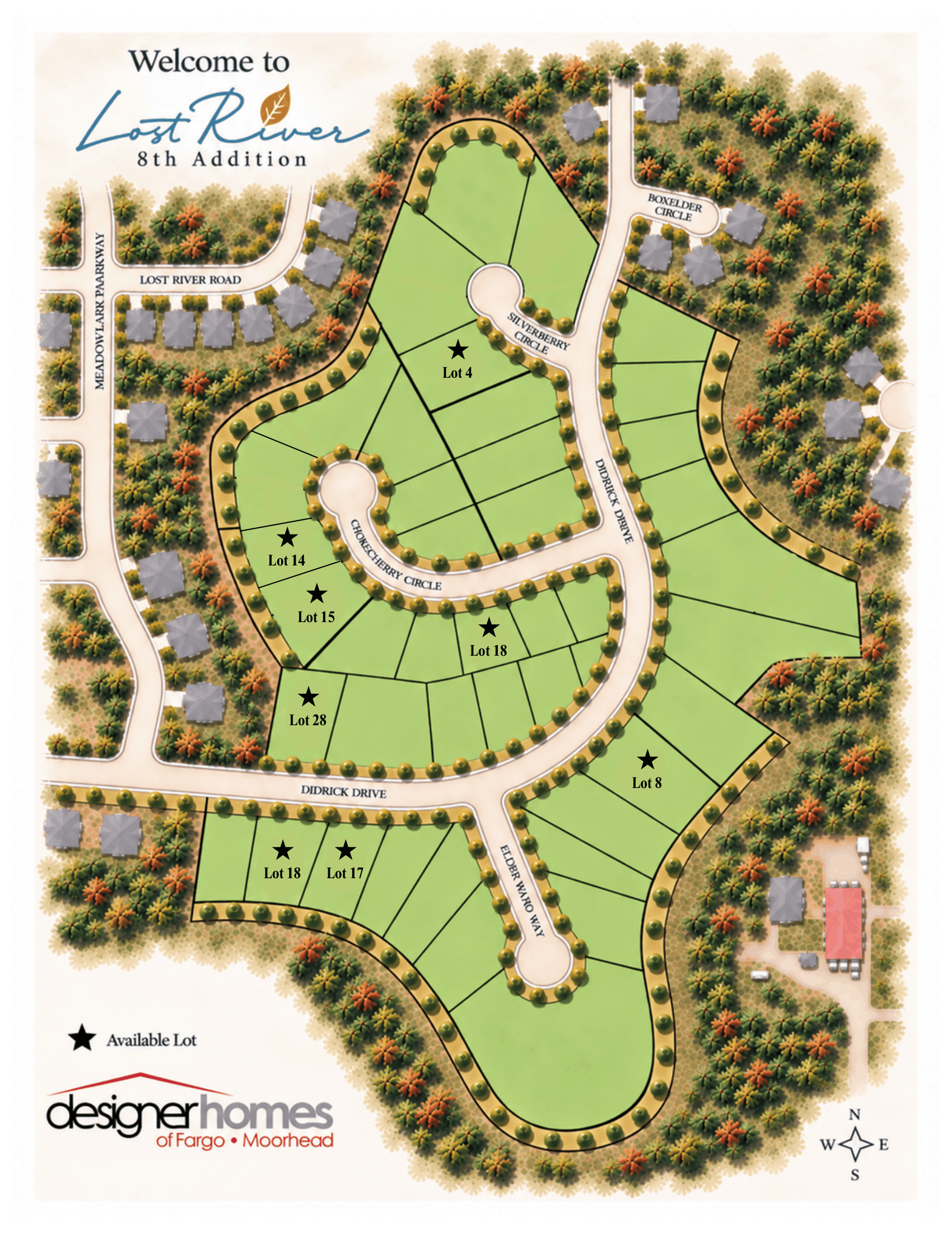 Neighborhood site plan with green lots, curving roads, trees, and a central pond-like loop