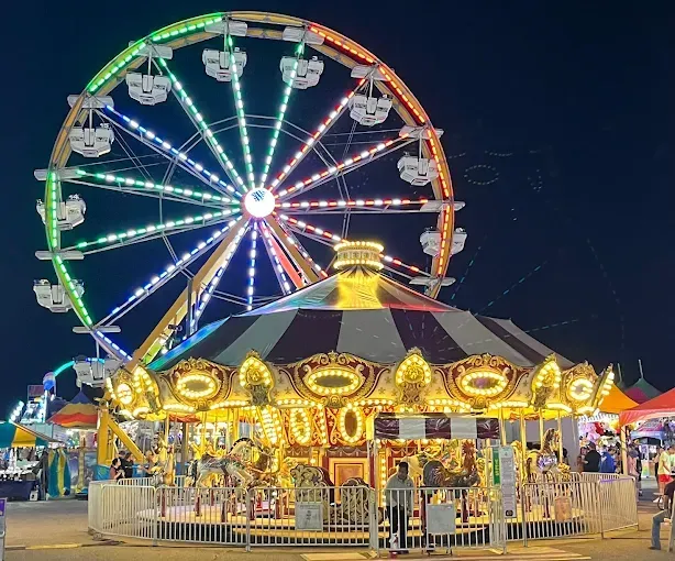 Red River Valley Fair A brightly lit carousel in the foreground with a towering, multi-colored Ferris wheel illuminated at night in the background.