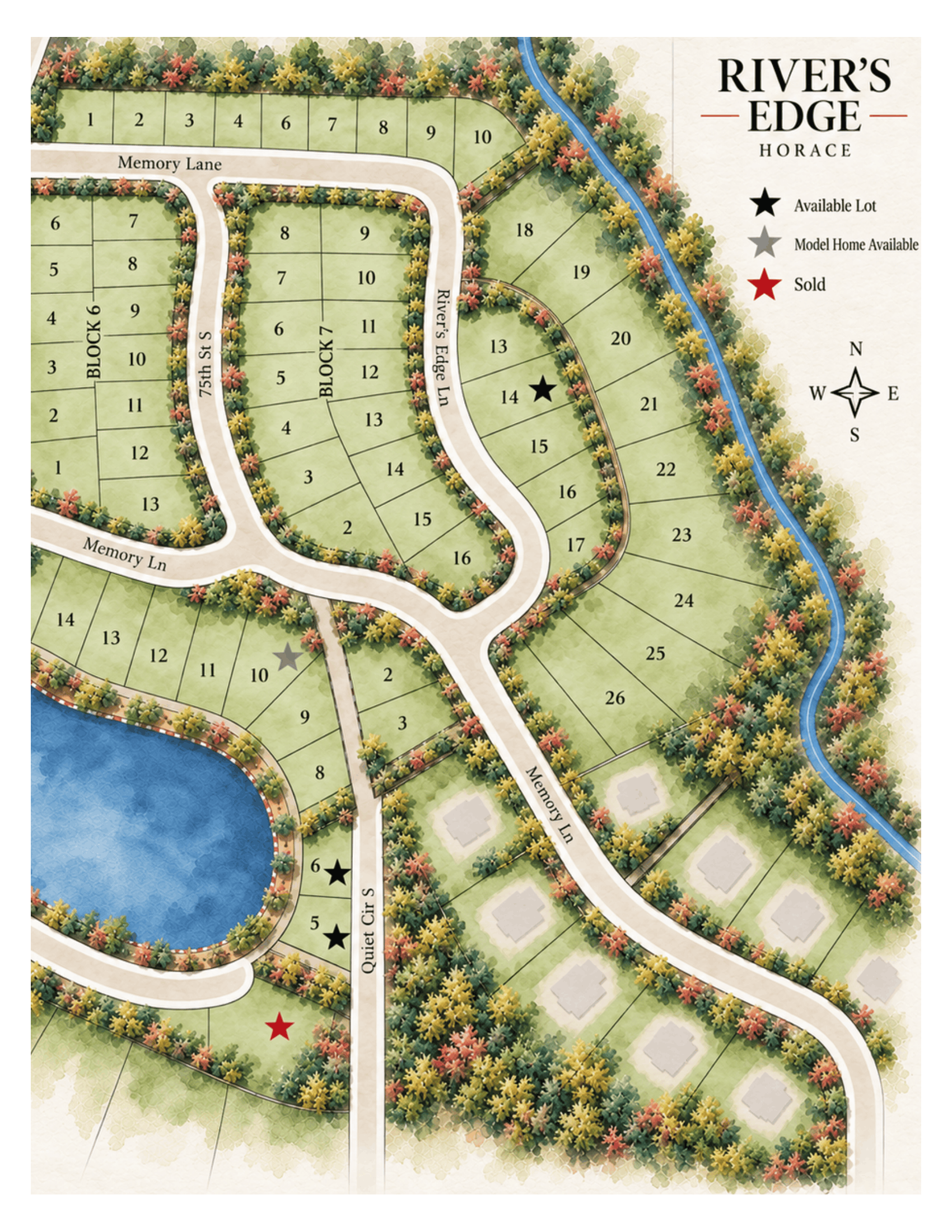 Site map for Eagle Pointe residential community with labeled lots, roads, and blue pond on green background