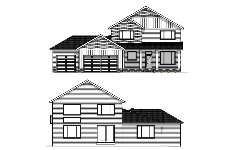Two house architectural renderings, front and side views, black and white line drawings.