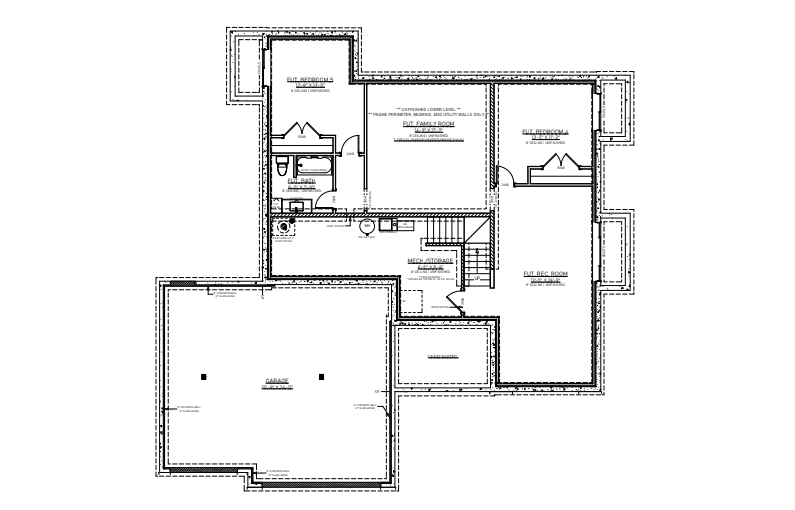 Floor plan of a building with several rooms, including a garage, bedrooms, and a kitchen.