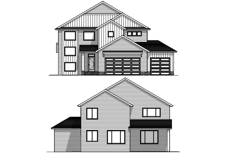 Two-story house blueprints; front and side elevations. Features multiple windows, garage doors, and gabled roofs.