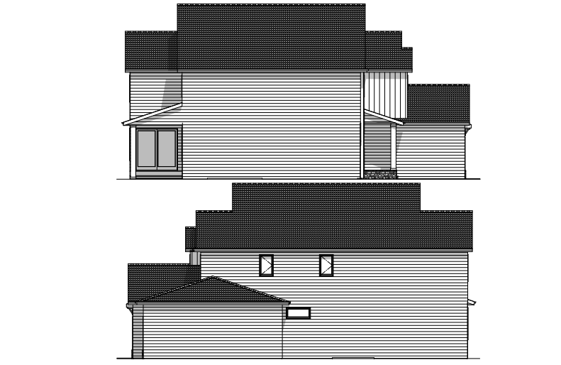 Side elevation drawings of a two-story house with multiple roof levels and siding.