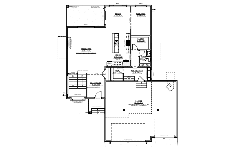 Floor plan of a house with kitchen, living room, laundry, bathroom, and garage.
