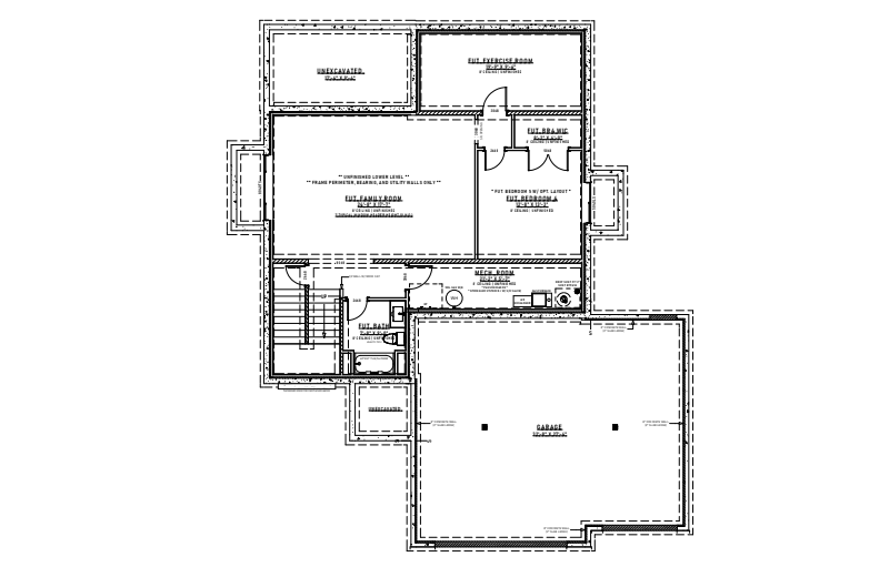Floor plan of a house with two bedrooms, bathroom, kitchen, and garage.