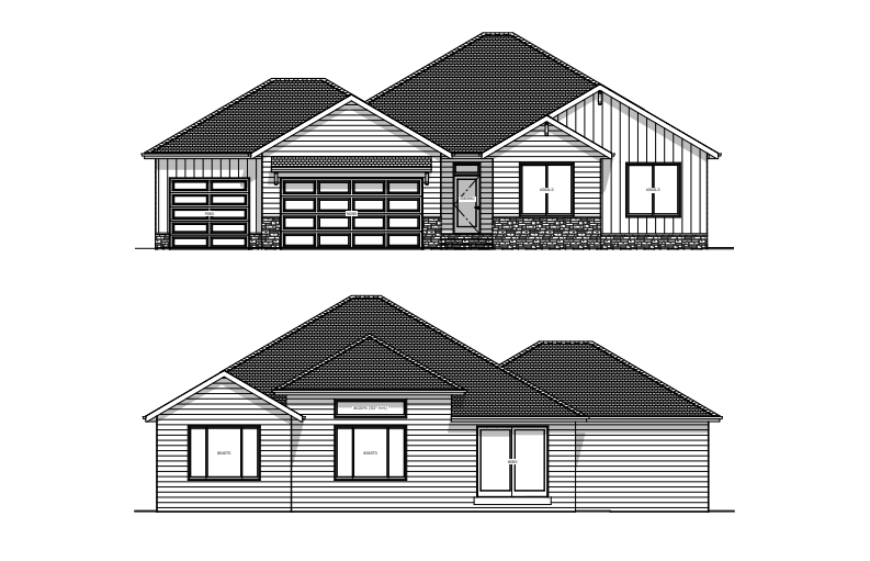 Two architectural renderings of houses. The top has a garage. The bottom has windows.