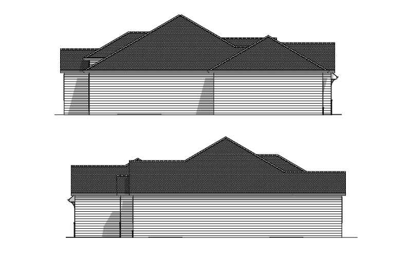 Architectural elevation drawings of a two-story building with a multi-gabled roof.