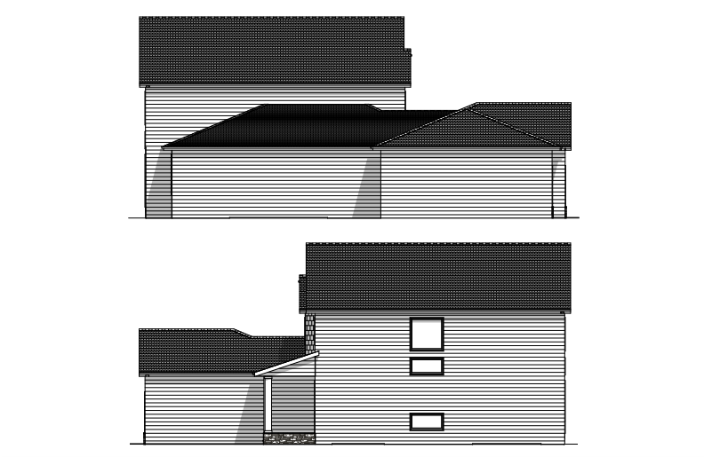 Two-story building side profiles showing roof and exterior siding details, with a slightly varied roof line.