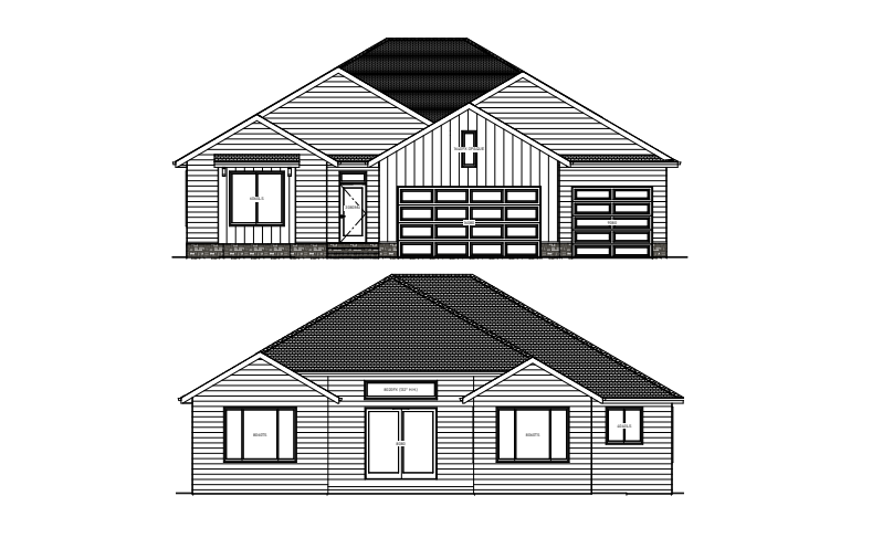 Two house elevation architectural drawings. One has a garage, the other does not.