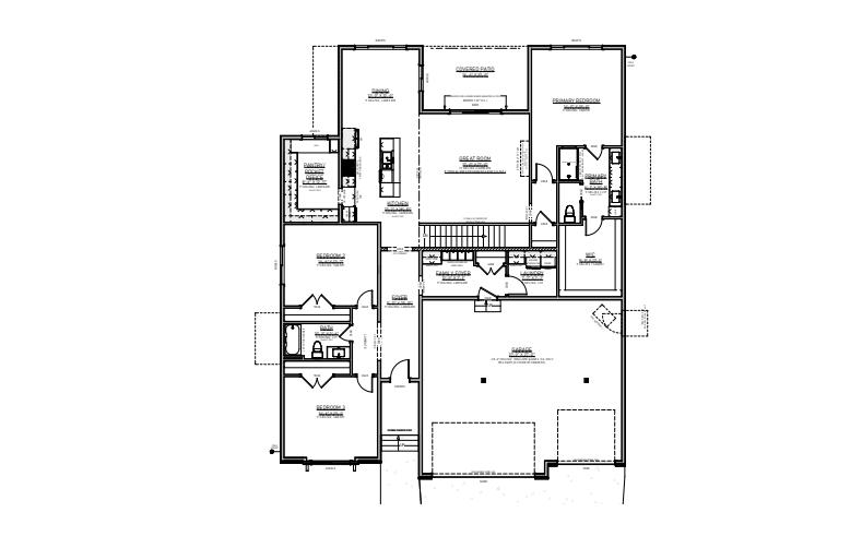 Floor plan of a house with labeled rooms, including a garage, bedrooms, and kitchen.