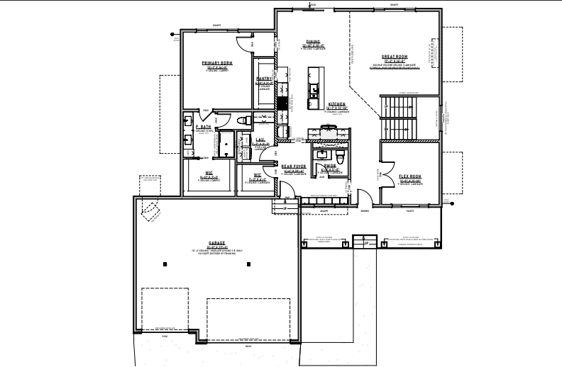 Floor plan with a garage, living areas, bedrooms, and bathrooms.