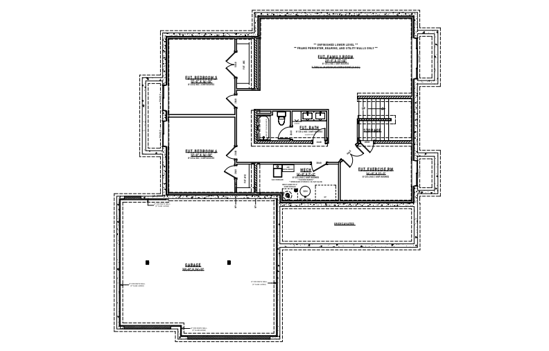 Architectural floor plan of a house with rooms labeled: garage, kitchen, bedrooms, bathrooms.