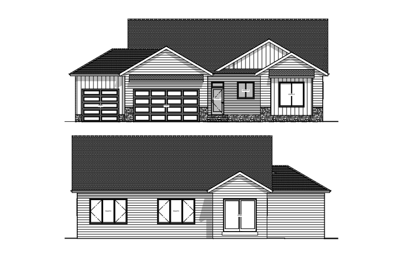 Architectural drawings of a house with a garage, showing front and side views.