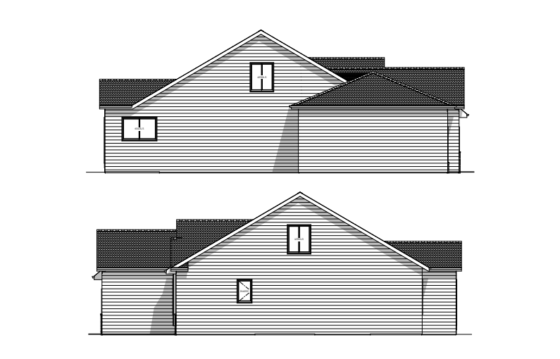 Side view architectural drawings of a house with a gabled roof and siding.