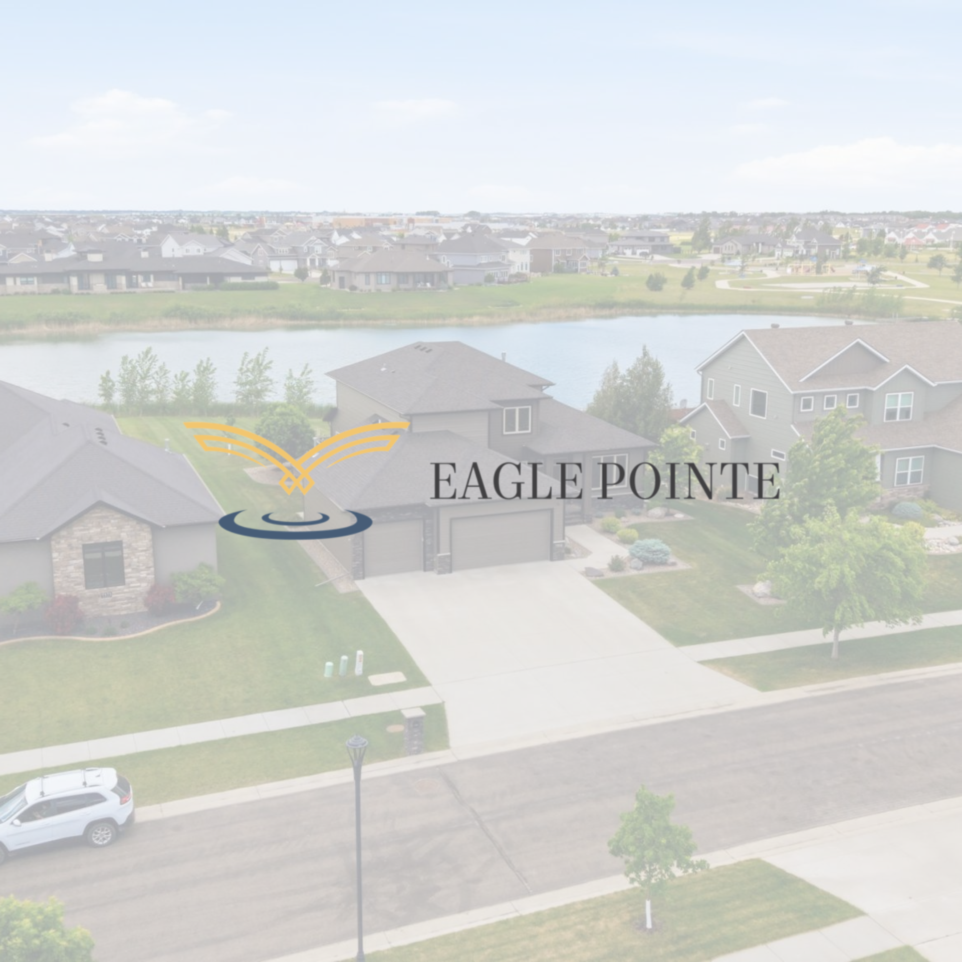 Eagle Pointe neighborhood aerial view with houses, street, and lake under a hazy sky